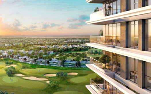 A modern residential building overlooking a lush green golf course at sunset, with spacious balconies and scenic views of villas and greenery in the distance, symbolizing luxury and tranquility in Dubai's real estate market.