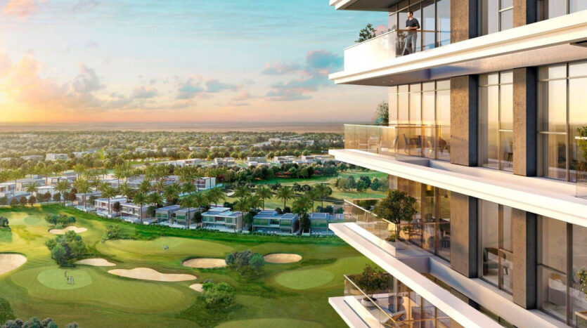 A modern residential building overlooking a lush green golf course at sunset, with spacious balconies and scenic views of villas and greenery in the distance, symbolizing luxury and tranquility in Dubai's real estate market.